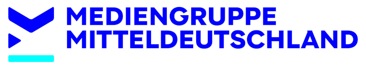 Mediengruppe Mitteldeutschland logo: bold blue wordmark with a left icon of stacked chevrons and shapes, plus a cyan bar